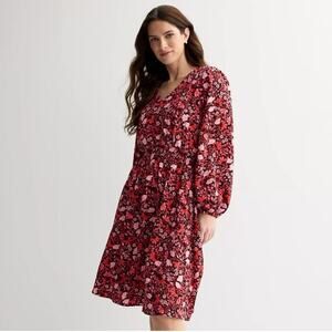 Draper James Dress Womens XS Black Red Floral V-Neck Long Sleeve Cottagecore NWT